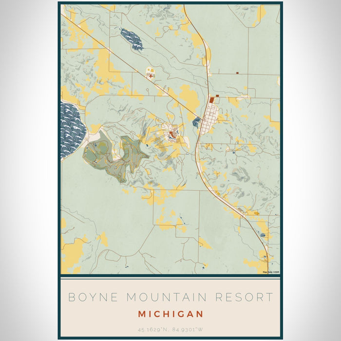Boyne Mountain Resort Michigan Map Print Portrait Orientation in Woodblock Style With Shaded Background