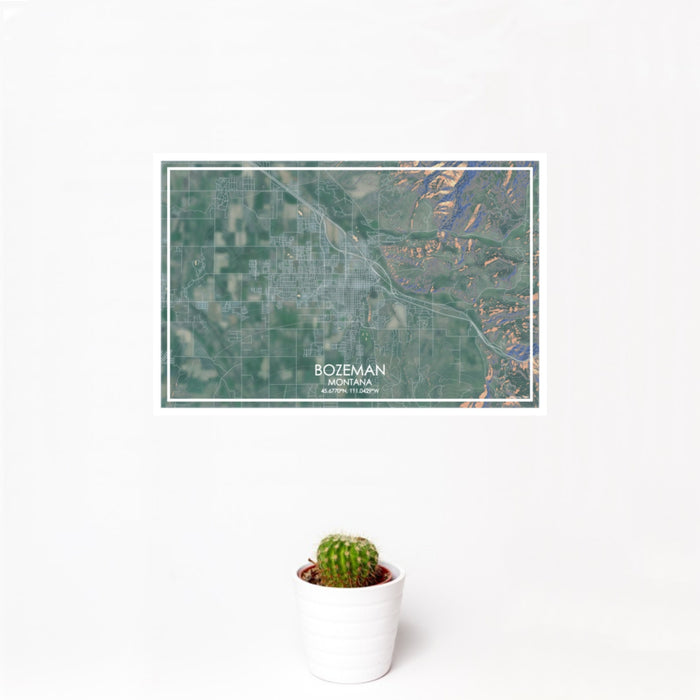 12x18 Bozeman Montana Map Print Landscape Orientation in Afternoon Style With Small Cactus Plant in White Planter