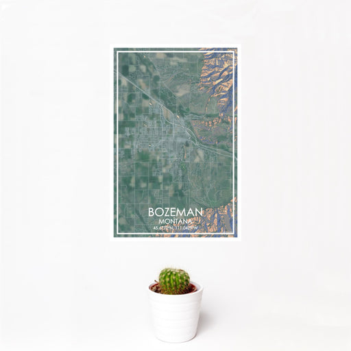 12x18 Bozeman Montana Map Print Portrait Orientation in Afternoon Style With Small Cactus Plant in White Planter