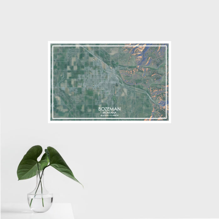 16x24 Bozeman Montana Map Print Landscape Orientation in Afternoon Style With Tropical Plant Leaves in Water