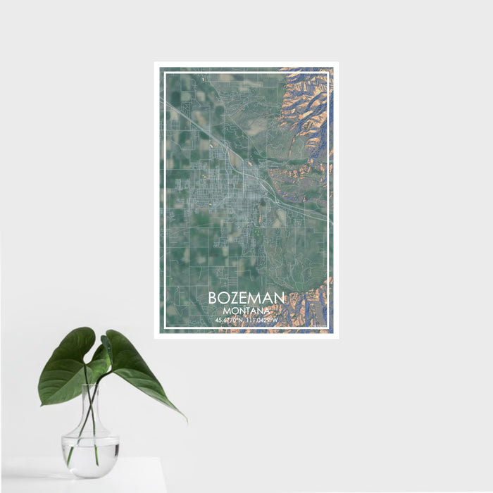 16x24 Bozeman Montana Map Print Portrait Orientation in Afternoon Style With Tropical Plant Leaves in Water