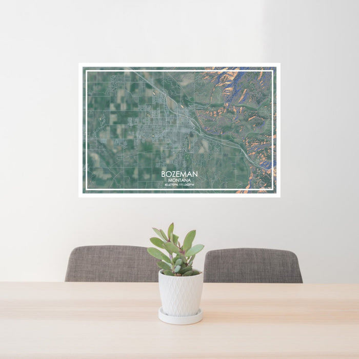 24x36 Bozeman Montana Map Print Lanscape Orientation in Afternoon Style Behind 2 Chairs Table and Potted Plant
