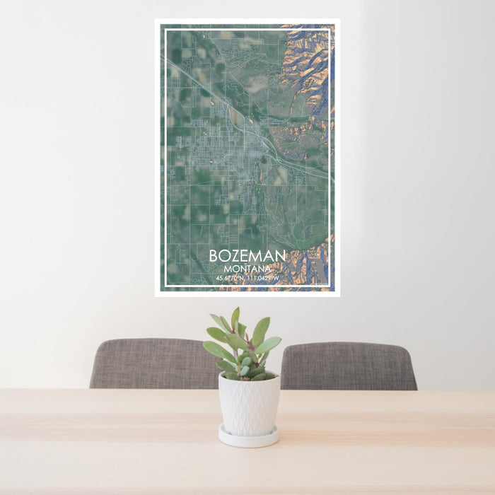 24x36 Bozeman Montana Map Print Portrait Orientation in Afternoon Style Behind 2 Chairs Table and Potted Plant