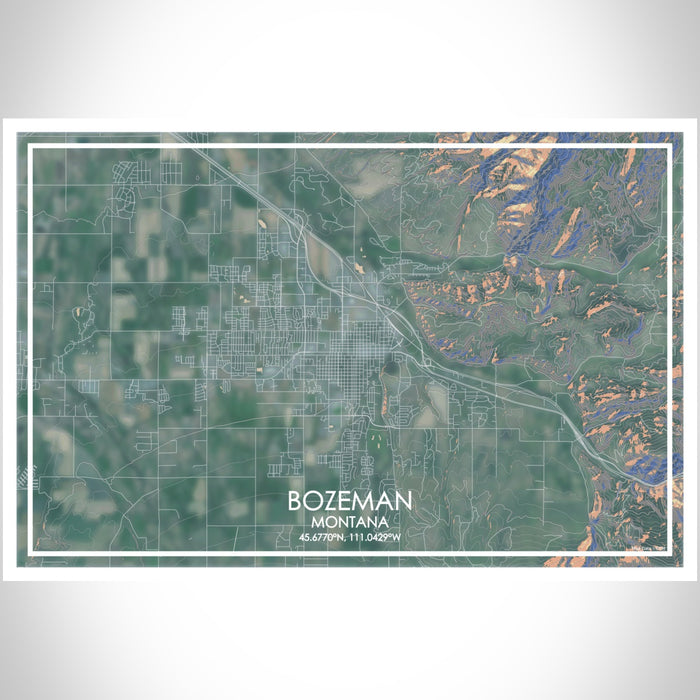 Bozeman Montana Map Print Landscape Orientation in Afternoon Style With Shaded Background