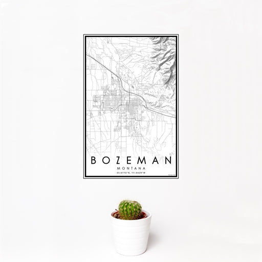 12x18 Bozeman Montana Map Print Portrait Orientation in Classic Style With Small Cactus Plant in White Planter