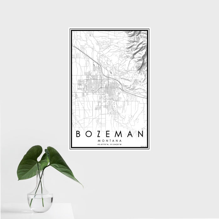16x24 Bozeman Montana Map Print Portrait Orientation in Classic Style With Tropical Plant Leaves in Water