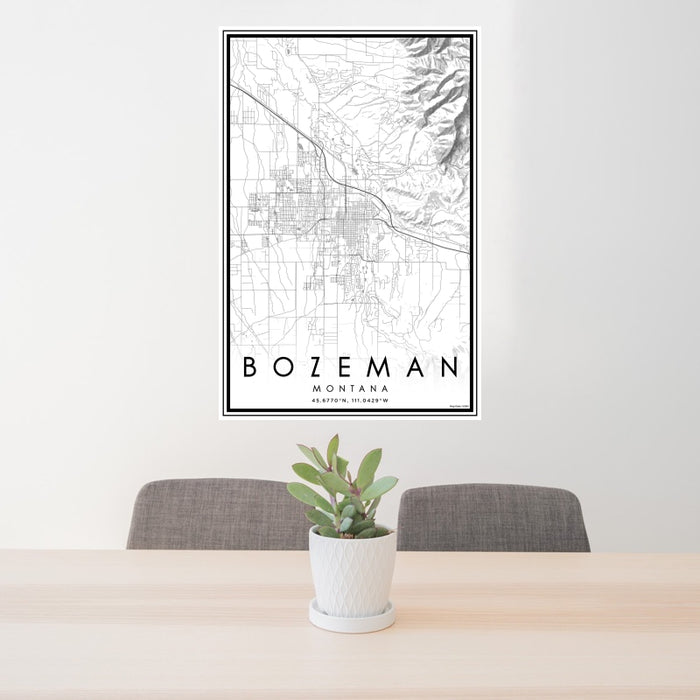 24x36 Bozeman Montana Map Print Portrait Orientation in Classic Style Behind 2 Chairs Table and Potted Plant