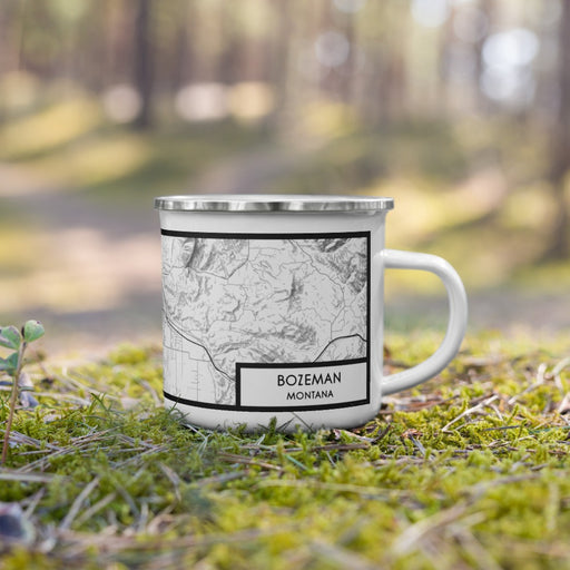 Right View Custom Bozeman Montana Map Enamel Mug in Classic on Grass With Trees in Background