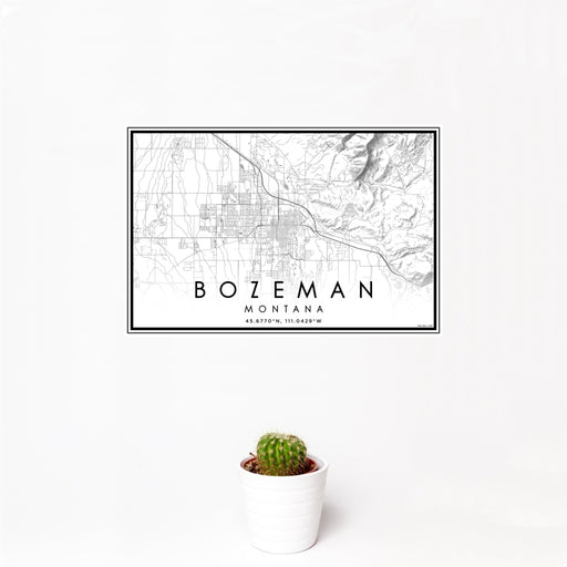 12x18 Bozeman Montana Map Print Landscape Orientation in Classic Style With Small Cactus Plant in White Planter