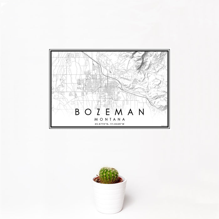 12x18 Bozeman Montana Map Print Landscape Orientation in Classic Style With Small Cactus Plant in White Planter