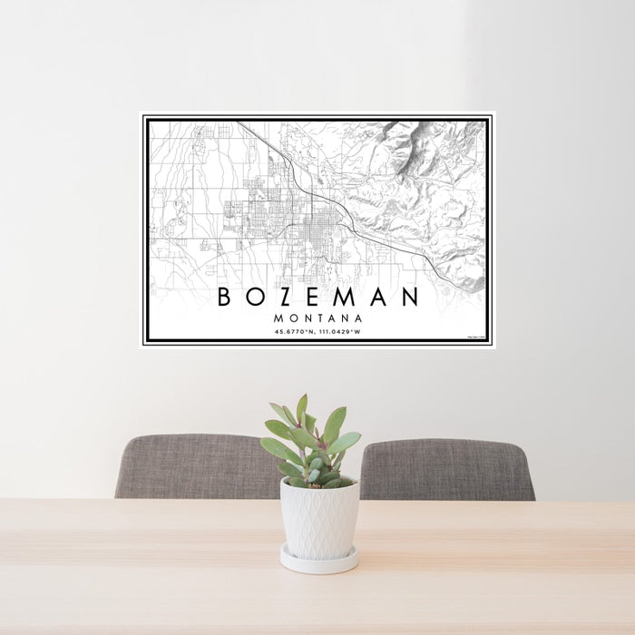 24x36 Bozeman Montana Map Print Landscape Orientation in Classic Style Behind 2 Chairs Table and Potted Plant