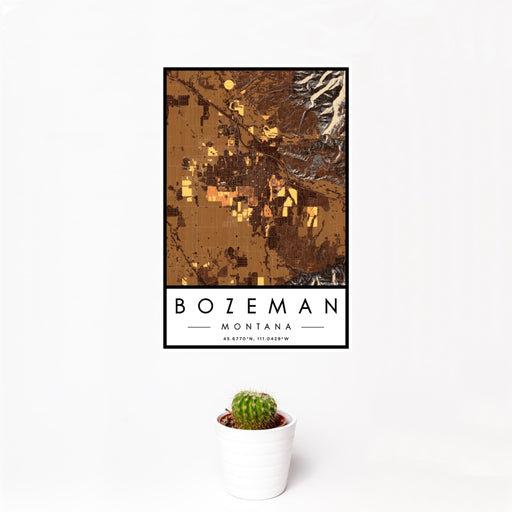 12x18 Bozeman Montana Map Print Portrait Orientation in Ember Style With Small Cactus Plant in White Planter