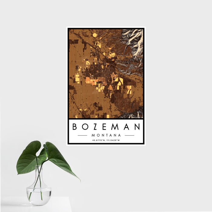16x24 Bozeman Montana Map Print Portrait Orientation in Ember Style With Tropical Plant Leaves in Water