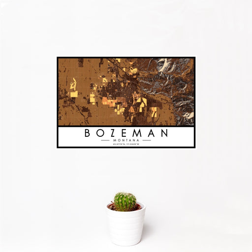 12x18 Bozeman Montana Map Print Landscape Orientation in Ember Style With Small Cactus Plant in White Planter