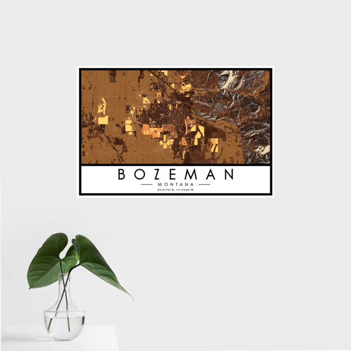 16x24 Bozeman Montana Map Print Landscape Orientation in Ember Style With Tropical Plant Leaves in Water