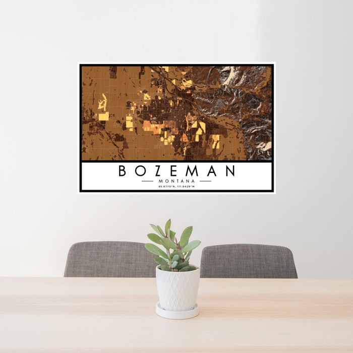24x36 Bozeman Montana Map Print Landscape Orientation in Ember Style Behind 2 Chairs Table and Potted Plant