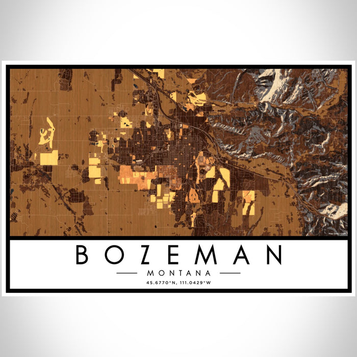 Bozeman Montana Map Print Landscape Orientation in Ember Style With Shaded Background