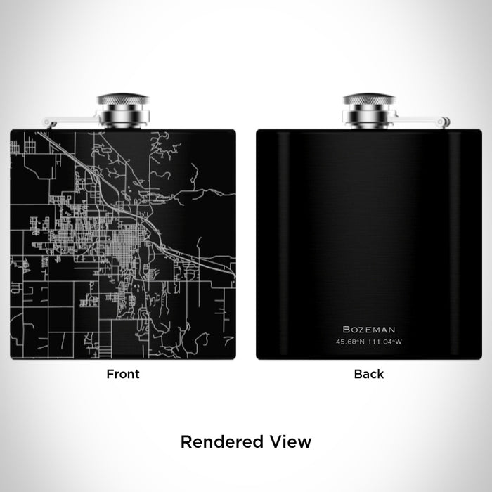 Rendered View of Bozeman Montana Map Engraving on 6oz Stainless Steel Flask in Black