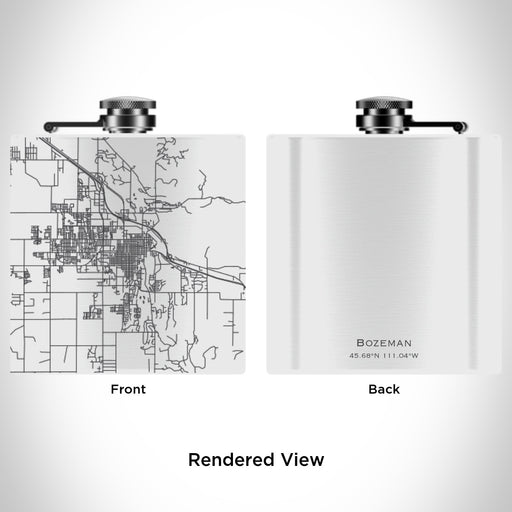 Rendered View of Bozeman Montana Map Engraving on 6oz Stainless Steel Flask in White