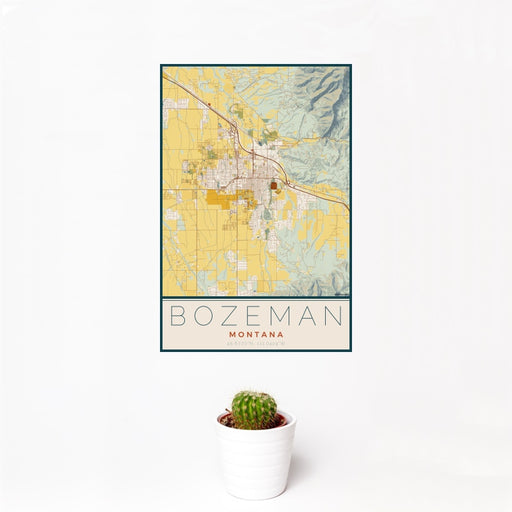 12x18 Bozeman Montana Map Print Portrait Orientation in Woodblock Style With Small Cactus Plant in White Planter