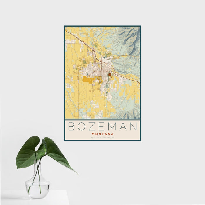 16x24 Bozeman Montana Map Print Portrait Orientation in Woodblock Style With Tropical Plant Leaves in Water