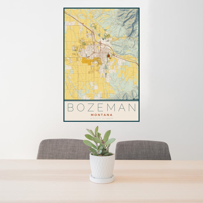 24x36 Bozeman Montana Map Print Portrait Orientation in Woodblock Style Behind 2 Chairs Table and Potted Plant