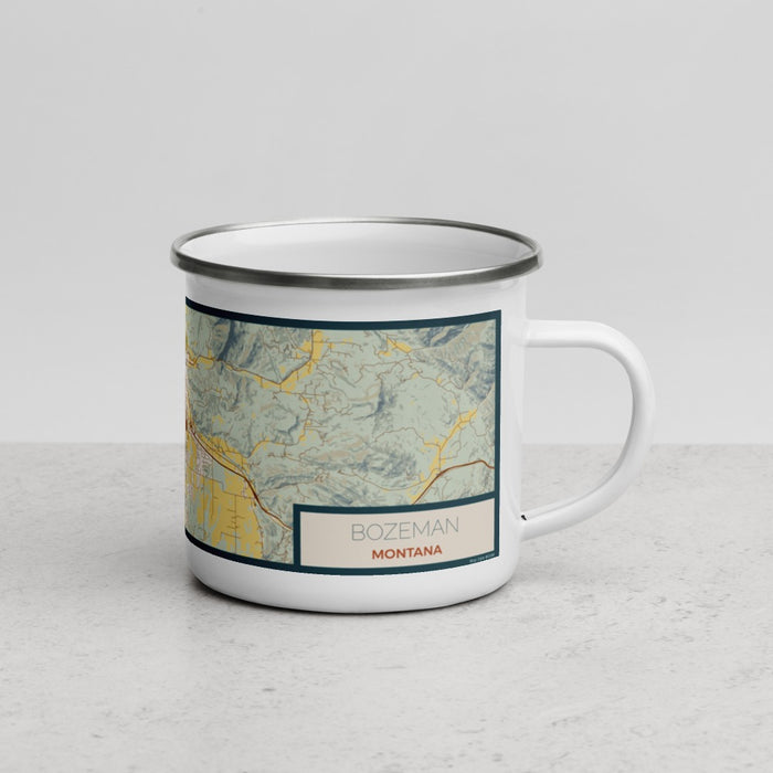 Right View Custom Bozeman Montana Map Enamel Mug in Woodblock