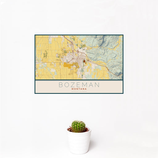 12x18 Bozeman Montana Map Print Landscape Orientation in Woodblock Style With Small Cactus Plant in White Planter