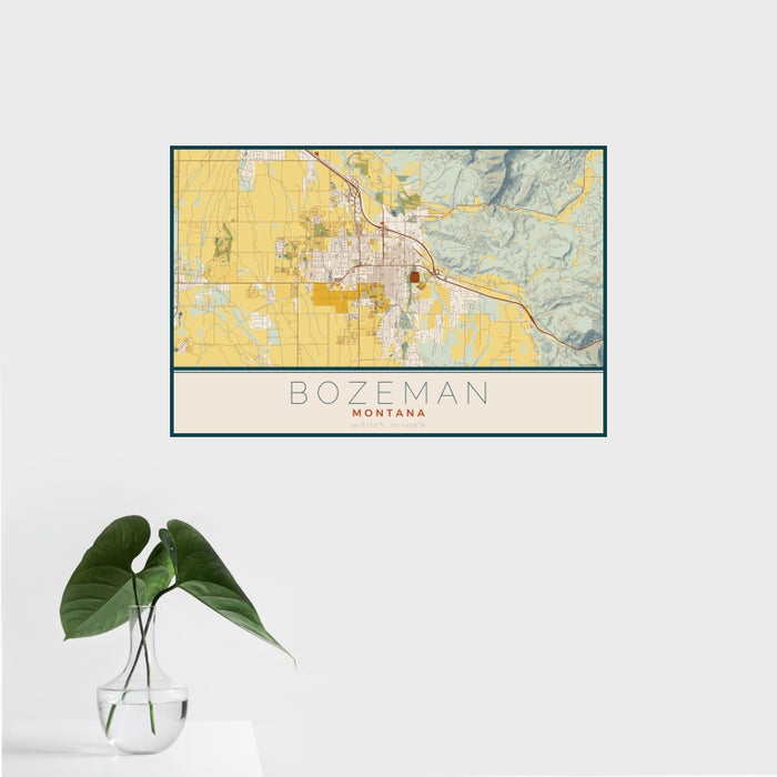 16x24 Bozeman Montana Map Print Landscape Orientation in Woodblock Style With Tropical Plant Leaves in Water
