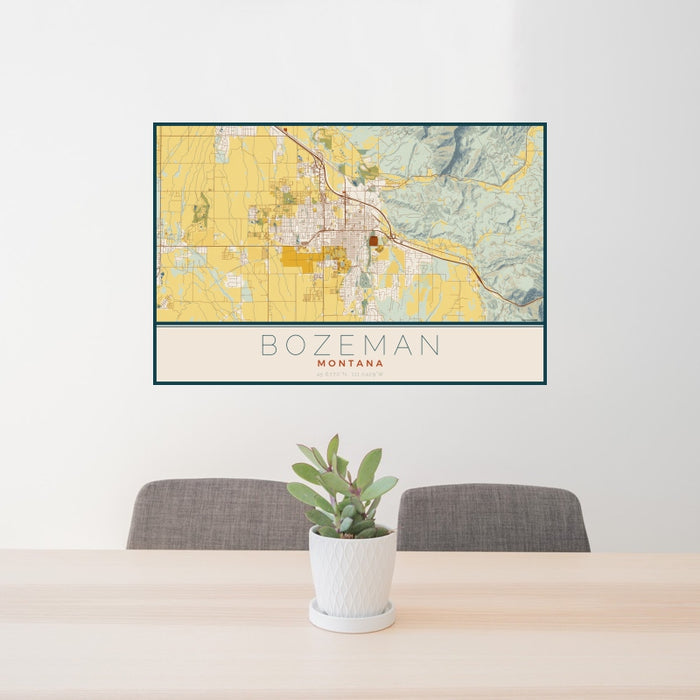 24x36 Bozeman Montana Map Print Landscape Orientation in Woodblock Style Behind 2 Chairs Table and Potted Plant