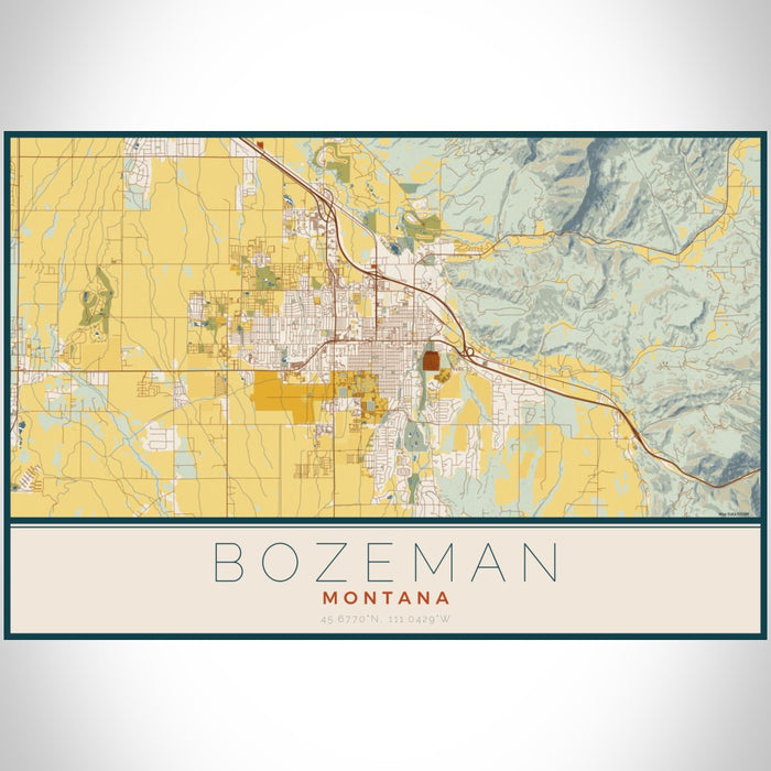 Bozeman Montana Map Print Landscape Orientation in Woodblock Style With Shaded Background