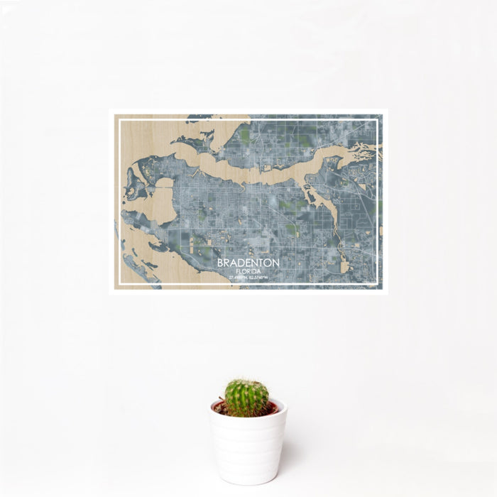 12x18 Bradenton Florida Map Print Landscape Orientation in Afternoon Style With Small Cactus Plant in White Planter
