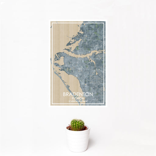 12x18 Bradenton Florida Map Print Portrait Orientation in Afternoon Style With Small Cactus Plant in White Planter