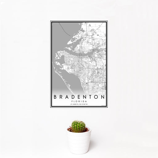12x18 Bradenton Florida Map Print Portrait Orientation in Classic Style With Small Cactus Plant in White Planter