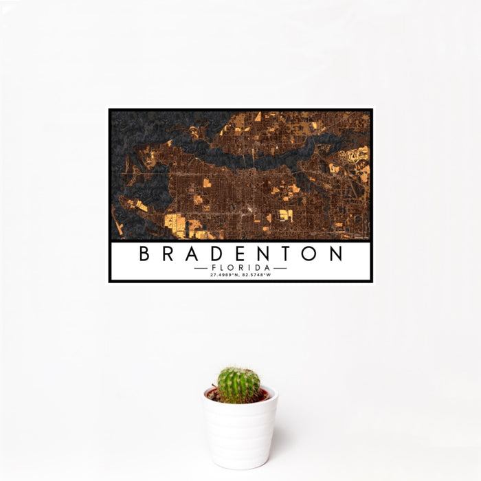 12x18 Bradenton Florida Map Print Landscape Orientation in Ember Style With Small Cactus Plant in White Planter