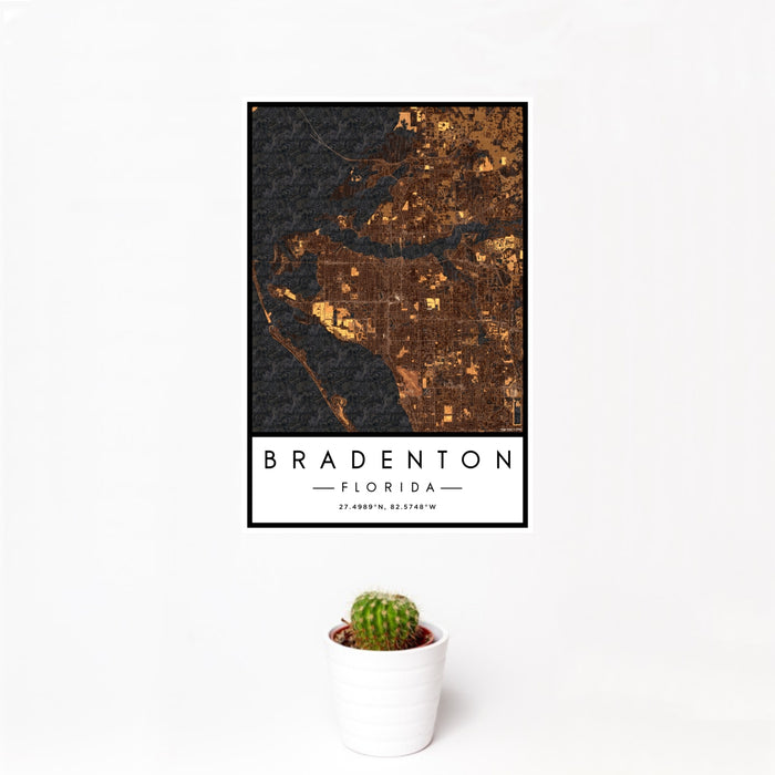 12x18 Bradenton Florida Map Print Portrait Orientation in Ember Style With Small Cactus Plant in White Planter