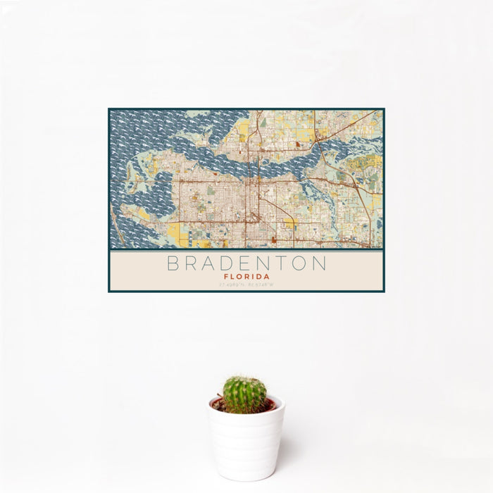 12x18 Bradenton Florida Map Print Landscape Orientation in Woodblock Style With Small Cactus Plant in White Planter