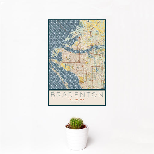 12x18 Bradenton Florida Map Print Portrait Orientation in Woodblock Style With Small Cactus Plant in White Planter