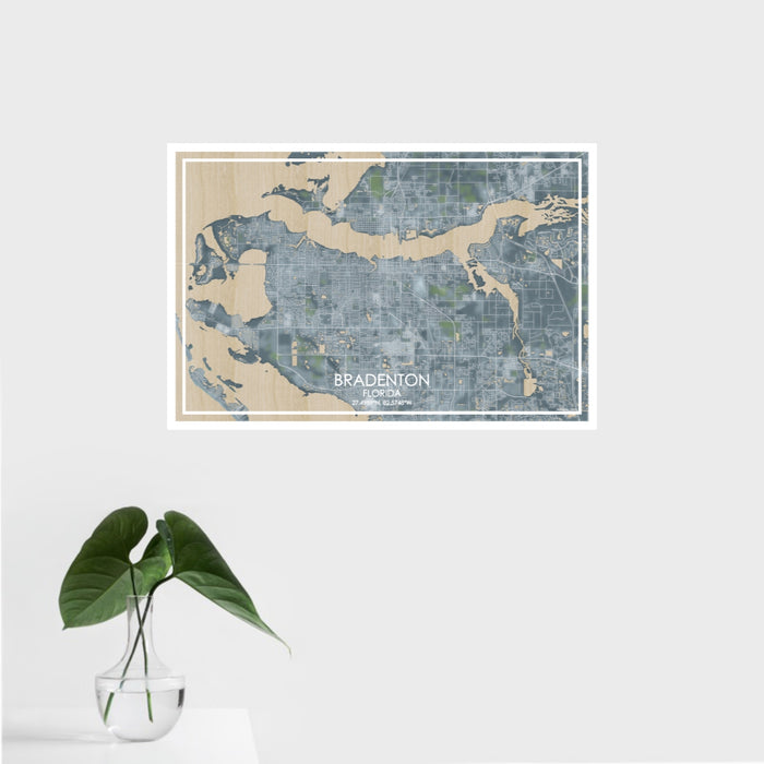 16x24 Bradenton Florida Map Print Landscape Orientation in Afternoon Style With Tropical Plant Leaves in Water