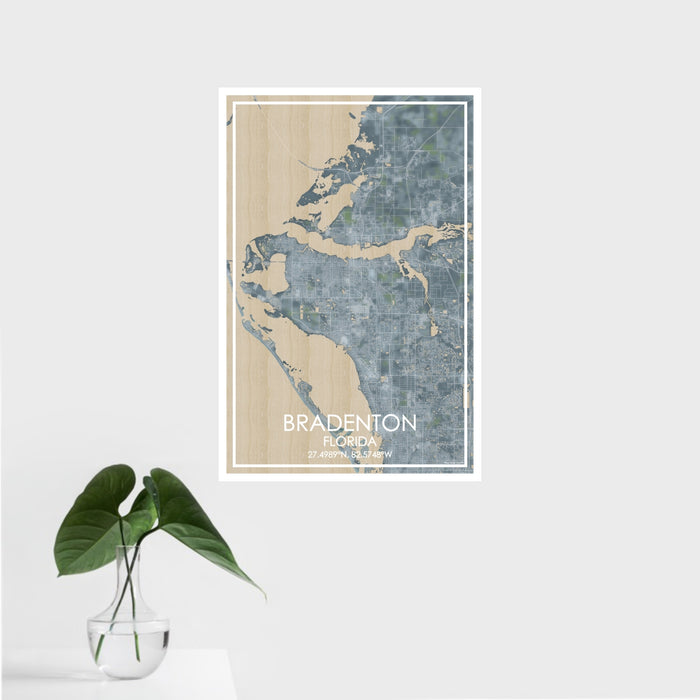 16x24 Bradenton Florida Map Print Portrait Orientation in Afternoon Style With Tropical Plant Leaves in Water