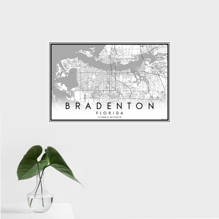 16x24 Bradenton Florida Map Print Landscape Orientation in Classic Style With Tropical Plant Leaves in Water