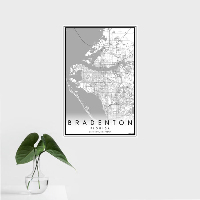 16x24 Bradenton Florida Map Print Portrait Orientation in Classic Style With Tropical Plant Leaves in Water