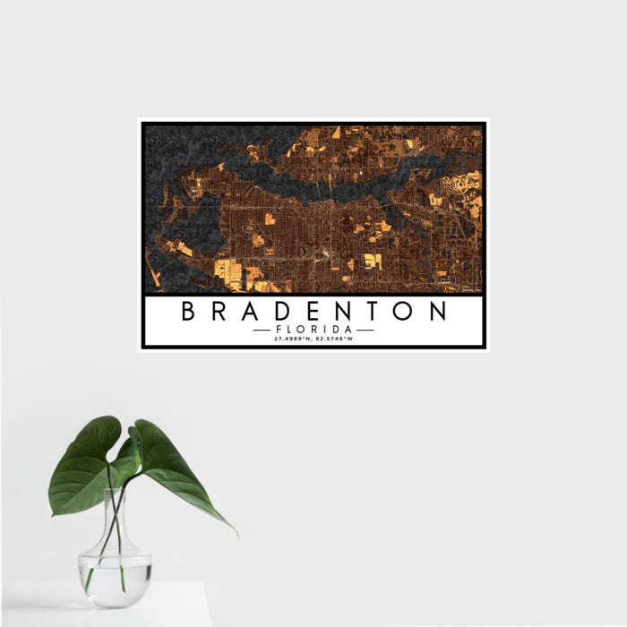 16x24 Bradenton Florida Map Print Landscape Orientation in Ember Style With Tropical Plant Leaves in Water