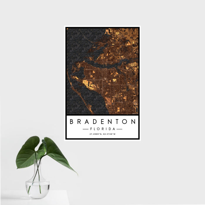 16x24 Bradenton Florida Map Print Portrait Orientation in Ember Style With Tropical Plant Leaves in Water