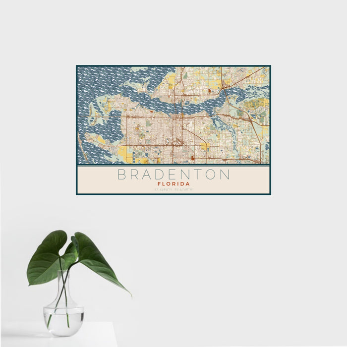 16x24 Bradenton Florida Map Print Landscape Orientation in Woodblock Style With Tropical Plant Leaves in Water