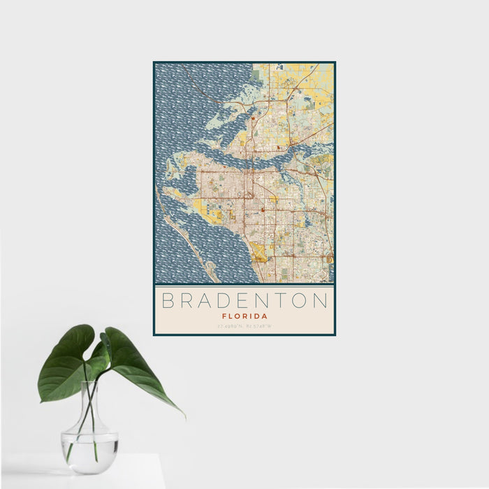 16x24 Bradenton Florida Map Print Portrait Orientation in Woodblock Style With Tropical Plant Leaves in Water