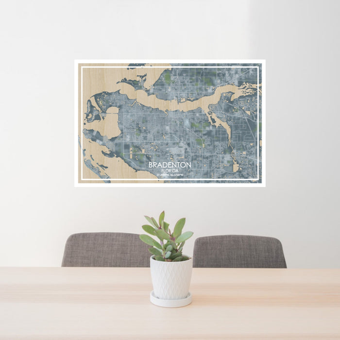 24x36 Bradenton Florida Map Print Lanscape Orientation in Afternoon Style Behind 2 Chairs Table and Potted Plant