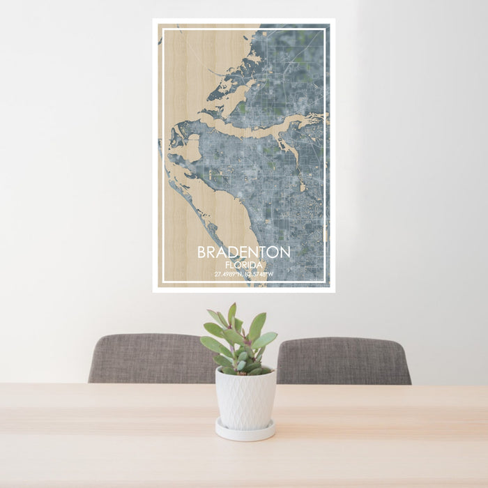 24x36 Bradenton Florida Map Print Portrait Orientation in Afternoon Style Behind 2 Chairs Table and Potted Plant