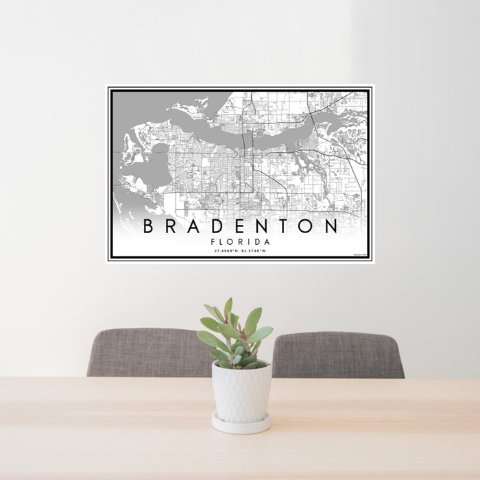 24x36 Bradenton Florida Map Print Lanscape Orientation in Classic Style Behind 2 Chairs Table and Potted Plant