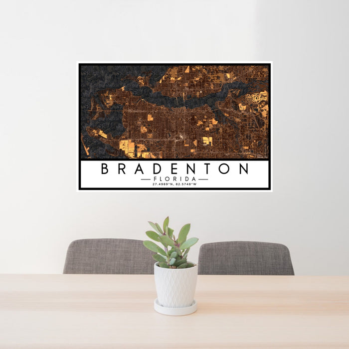24x36 Bradenton Florida Map Print Lanscape Orientation in Ember Style Behind 2 Chairs Table and Potted Plant
